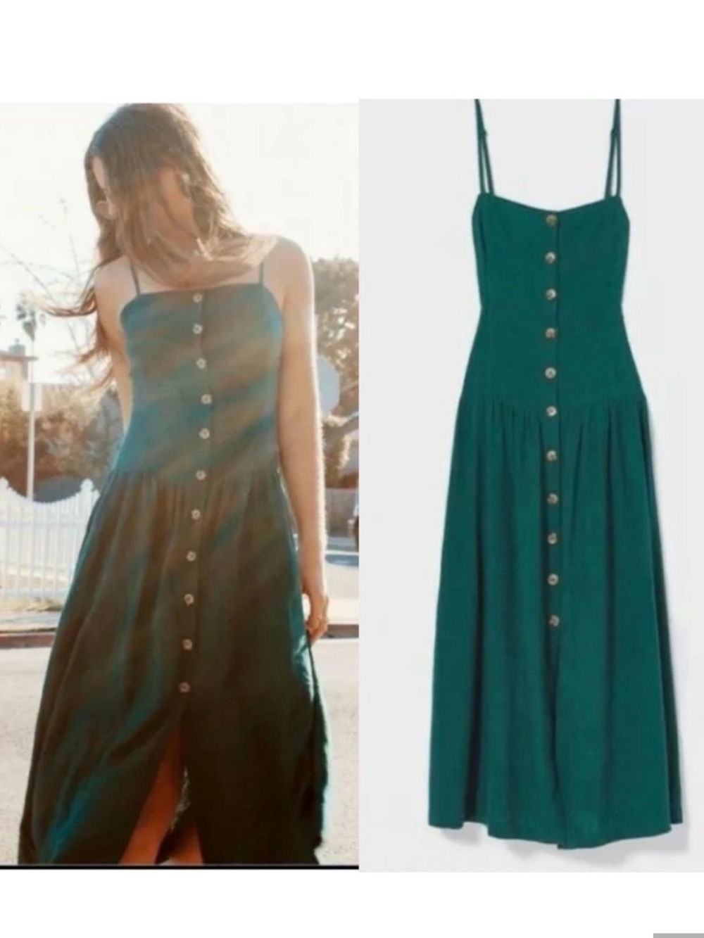 Urban Outfitters Linen Blend Button Front Drop Waist Midi Dress Green Size S